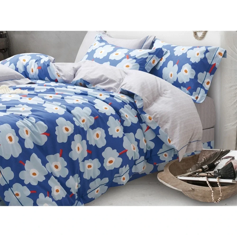 Emerson Blue Floral 100% Cotton Reversible Comforter Set Queen Boho Retro 70s‎